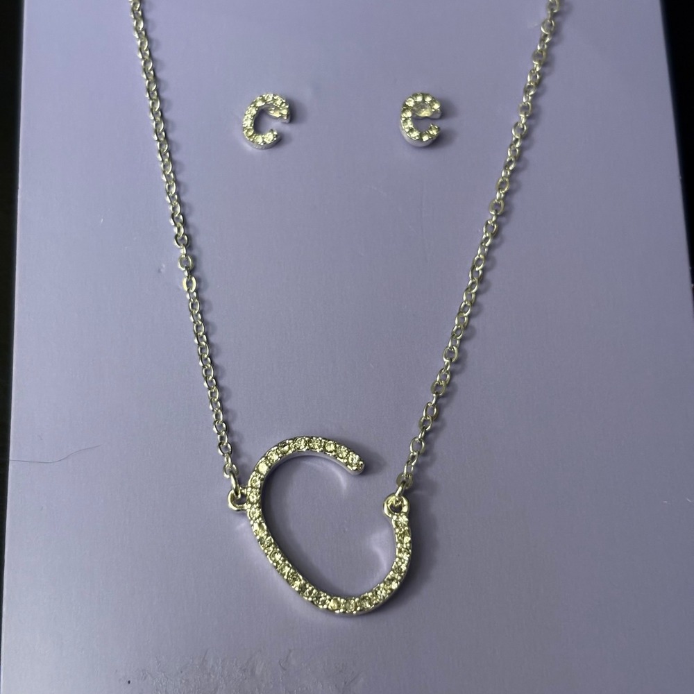 NWT Claires Silver Initial C Necklace and Earrings Set Rhinestone Letter Jewelry